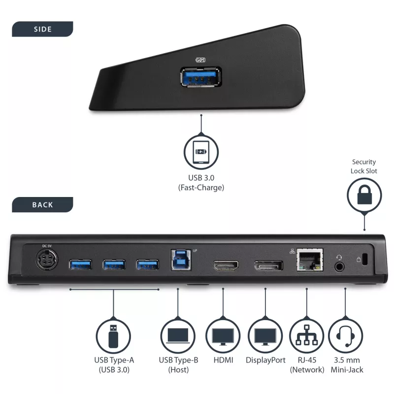 StarTech.com USB 3.0 dokavimo stotelė su dviem monitoriais, HDMI ir 4K DisplayPort – USB 3.0 į 4x USB-A, Ethernet, HDMI ir DP – universali USB Type A dokavimo stotelė, skirta „Mac“ ir „Windows“