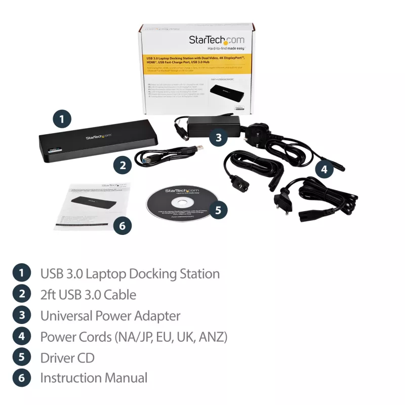 StarTech.com USB 3.0 dokavimo stotelė su dviem monitoriais, HDMI ir 4K DisplayPort – USB 3.0 į 4x USB-A, Ethernet, HDMI ir DP – universali USB Type A dokavimo stotelė, skirta „Mac“ ir „Windows“