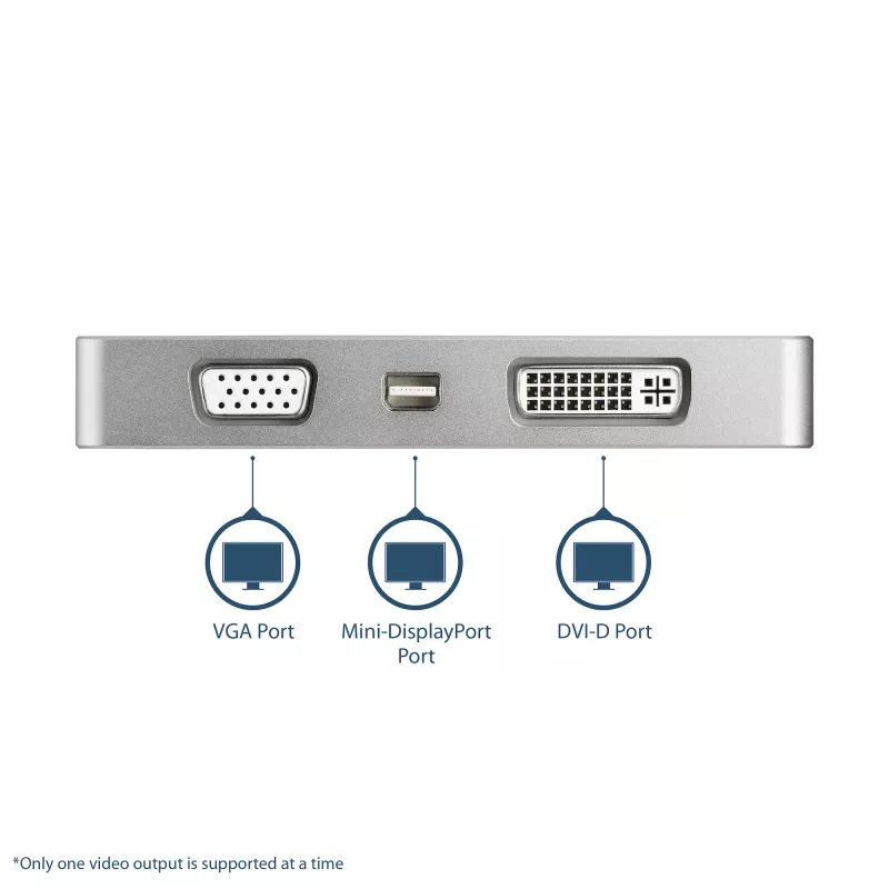 StarTech.com USB-C kelių prievadų vaizdo adapteris su HDMI, VGA, Mini DisplayPort arba DVI - USB Type-C monitoriaus adapteris į HDMI 1.4 arba mDP 1.2 (4K) - VGA arba DVI (1080p) - sidabrinis aliuminis