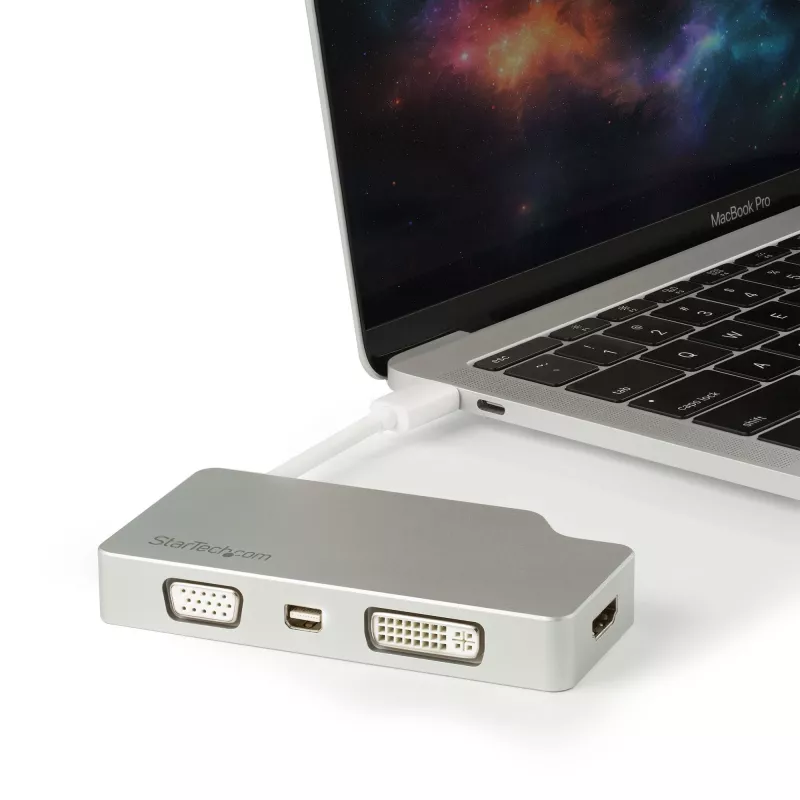 StarTech.com USB-C kelių prievadų vaizdo adapteris su HDMI, VGA, Mini DisplayPort arba DVI - USB Type-C monitoriaus adapteris į HDMI 1.4 arba mDP 1.2 (4K) - VGA arba DVI (1080p) - sidabrinis aliuminis