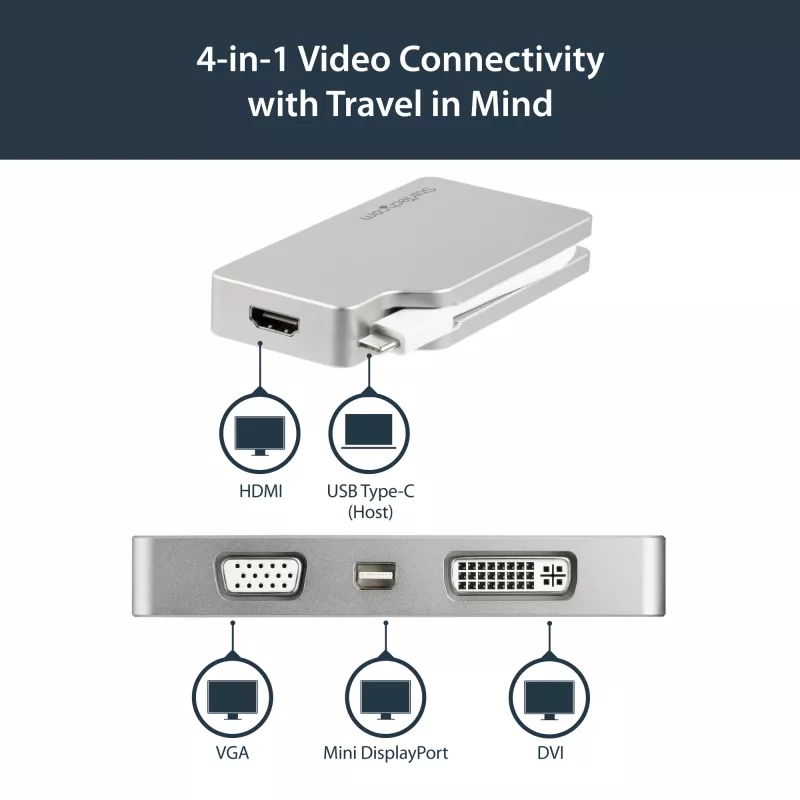 StarTech.com USB-C kelių prievadų vaizdo adapteris su HDMI, VGA, Mini DisplayPort arba DVI - USB Type-C monitoriaus adapteris į HDMI 1.4 arba mDP 1.2 (4K) - VGA arba DVI (1080p) - sidabrinis aliuminis