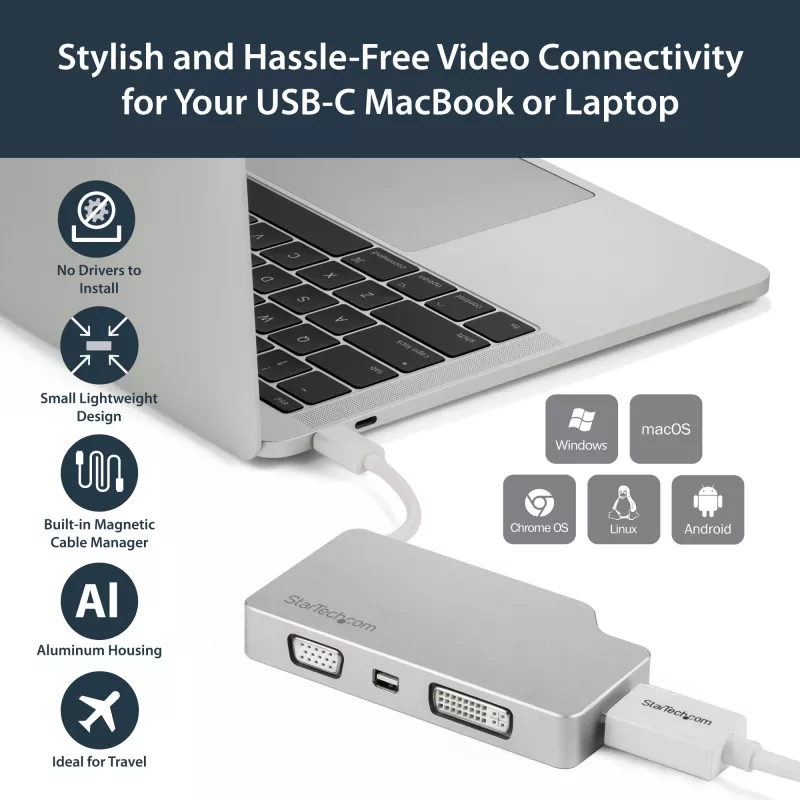 StarTech.com USB-C kelių prievadų vaizdo adapteris su HDMI, VGA, Mini DisplayPort arba DVI - USB Type-C monitoriaus adapteris į HDMI 1.4 arba mDP 1.2 (4K) - VGA arba DVI (1080p) - sidabrinis aliuminis