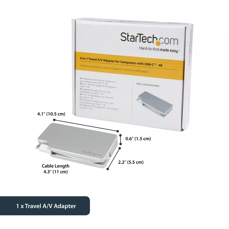 StarTech.com USB-C kelių prievadų vaizdo adapteris su HDMI, VGA, Mini DisplayPort arba DVI - USB Type-C monitoriaus adapteris į HDMI 1.4 arba mDP 1.2 (4K) - VGA arba DVI (1080p) - sidabrinis aliuminis