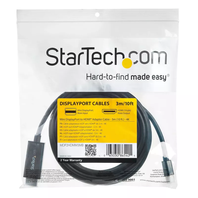 StarTech.com 3 m Mini DisplayPort į HDMI laidas – 4K 30Hz vaizdas – mDP į HDMI adapterio laidas – Mini DP arba Thunderbolt 1/2 Mac/PC prie HDMI monitoriaus/ekrano