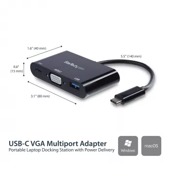 StarTech.com USB-C VGA kelių prievadų adapteris – USB 3.0 prievadas – 60W PD
