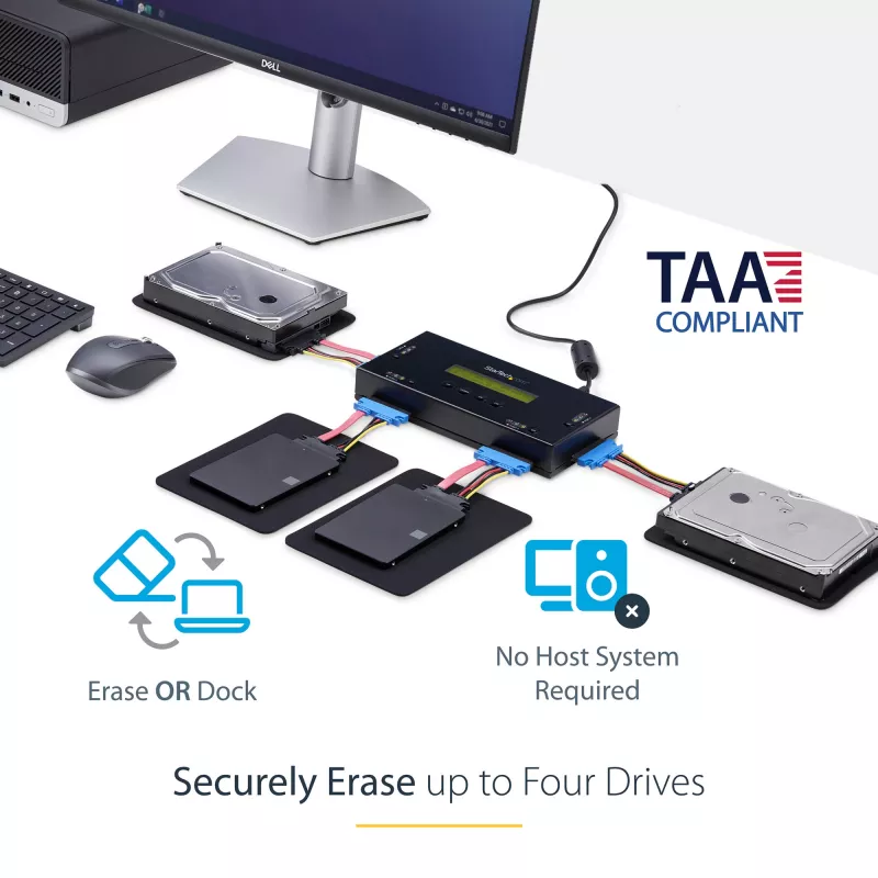 StarTech.com 4 lizdų SSD/HDD kietųjų diskų trynimo įrenginys - 2,5 colio ir 3,5 colio SATA - autonomiškas saugus išorinis diskų sanitizeris - 9 trynimo režimai - RS232 spausdintuvo prievadas - atitinka NIST/DOD ir TAA