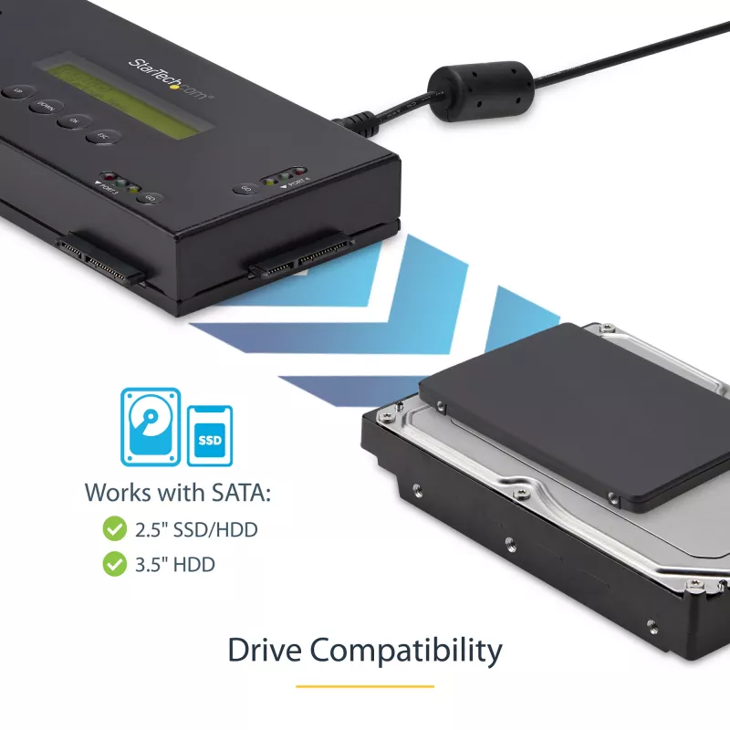 StarTech.com 4 lizdų SSD/HDD kietųjų diskų trynimo įrenginys - 2,5 colio ir 3,5 colio SATA - autonomiškas saugus išorinis diskų sanitizeris - 9 trynimo režimai - RS232 spausdintuvo prievadas - atitinka NIST/DOD ir TAA