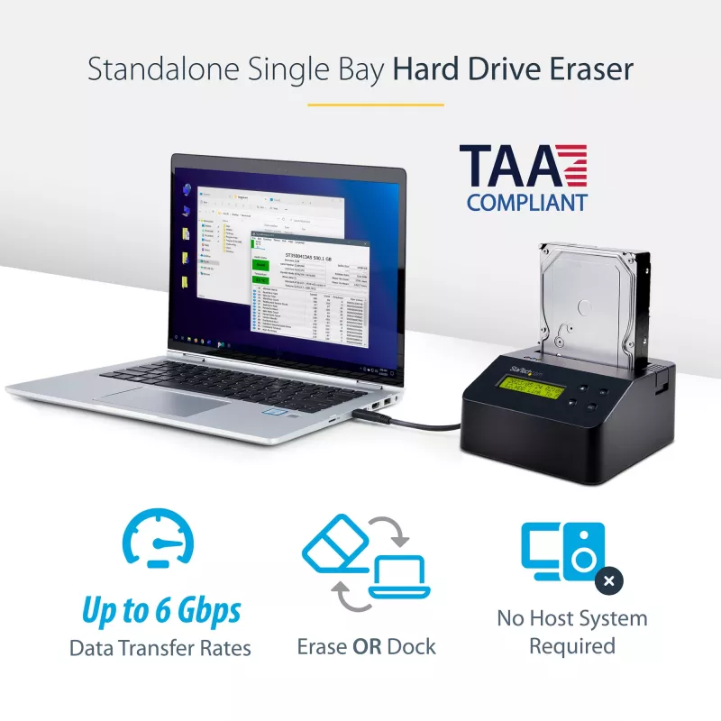 StarTech.com Vieno lizdo kietojo disko trynimo įrenginys, atskiras HDD/SSD sanitizer, 4Kn, USB 3.0 į SATA III (6 Gbps), 9 trynimo režimai, LCD ekranas, saugus kietojo disko trynimo dokas, DB-9 spausdintuvo prievadas, TAA atitikmuo