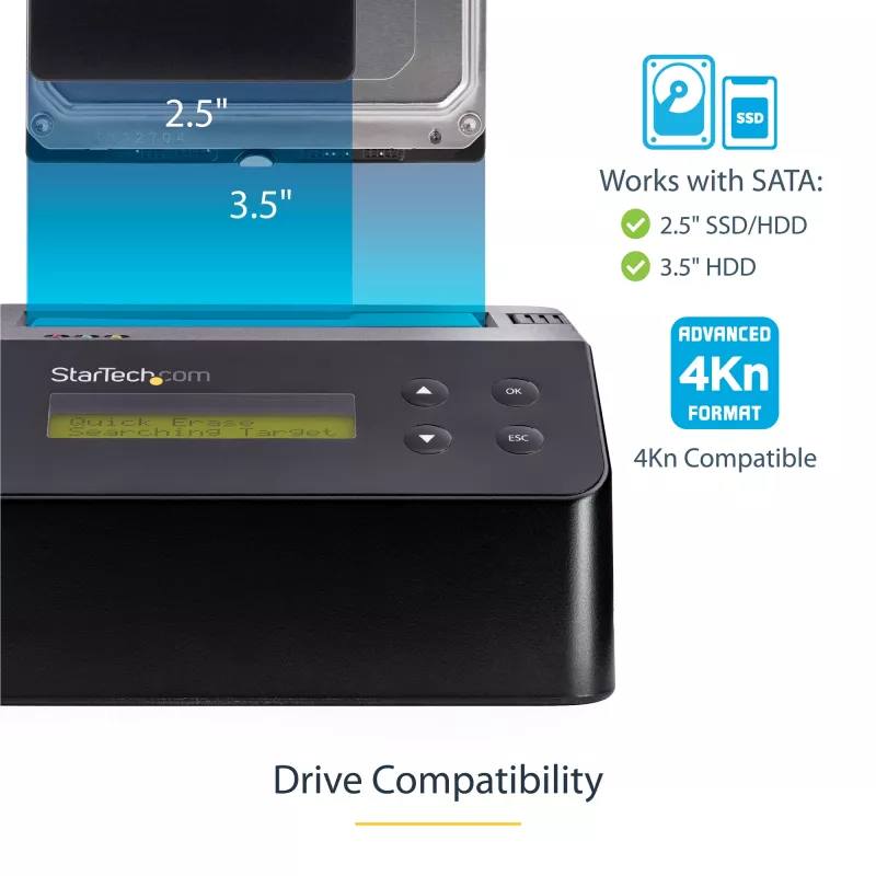 StarTech.com Vieno lizdo kietojo disko trynimo įrenginys, atskiras HDD/SSD sanitizer, 4Kn, USB 3.0 į SATA III (6 Gbps), 9 trynimo režimai, LCD ekranas, saugus kietojo disko trynimo dokas, DB-9 spausdintuvo prievadas, TAA atitikmuo