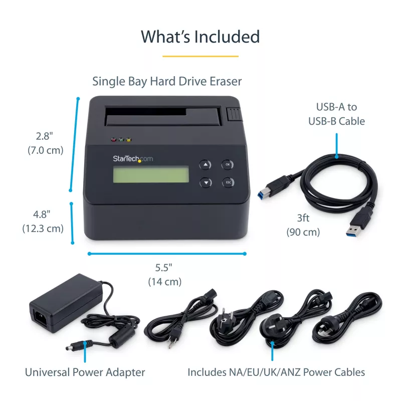 StarTech.com Vieno lizdo kietojo disko trynimo įrenginys, atskiras HDD/SSD sanitizer, 4Kn, USB 3.0 į SATA III (6 Gbps), 9 trynimo režimai, LCD ekranas, saugus kietojo disko trynimo dokas, DB-9 spausdintuvo prievadas, TAA atitikmuo