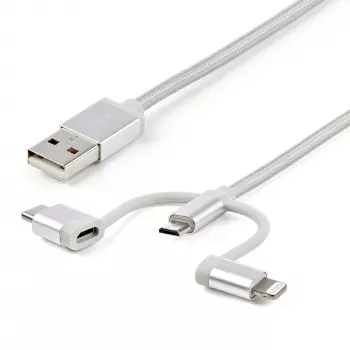 StarTech.com 1 m USB kelių įrenginių įkrovimo laidas – USB į Micro-USB, USB-C arba Lightning, skirtas iPhone/iPad/iPod/Android, Apple MFi sertifikuotas, 3 viename USB įkroviklis, pintas