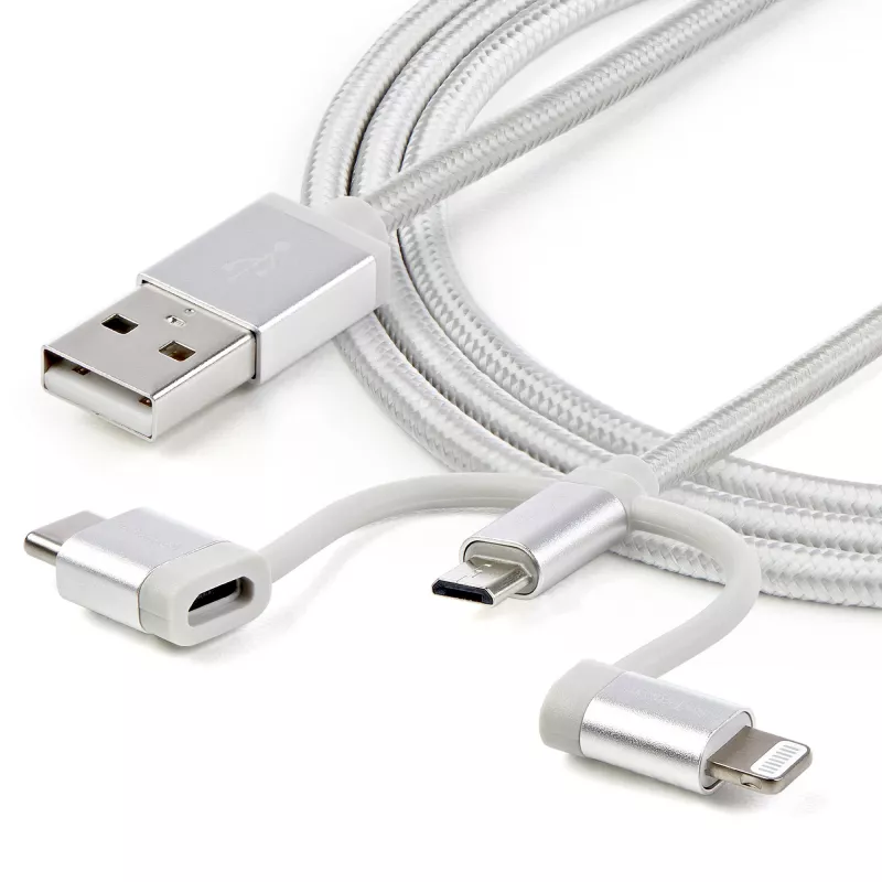 StarTech.com 1 m USB kelių įrenginių įkrovimo laidas – USB į Micro-USB, USB-C arba Lightning, skirtas iPhone/iPad/iPod/Android, Apple MFi sertifikuotas, 3 viename USB įkroviklis, pintas
