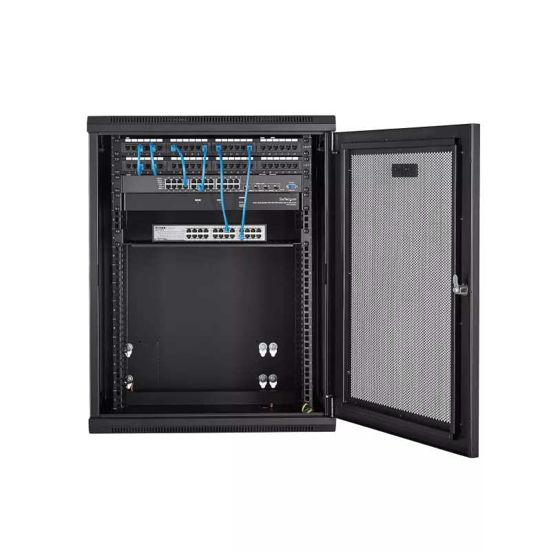 StarTech.com 4 stulpų 15U sieninis tinklo spintas su 1U lentyna, 19 colių šarnyrinis sieninis serverio stovas duomenų / AV / elektronikos / kompiuterių įrangai, lankstus ventiliuojamas stovo gaubtas