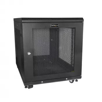 StarTech.com 4-Post 12U Server Rack Cabinet – užrakinama 19 colių spinta serveriams, AV ir IT įrangai, biuro/namų tinklo stovas su ratukais ir reguliuojamais bėgiais
