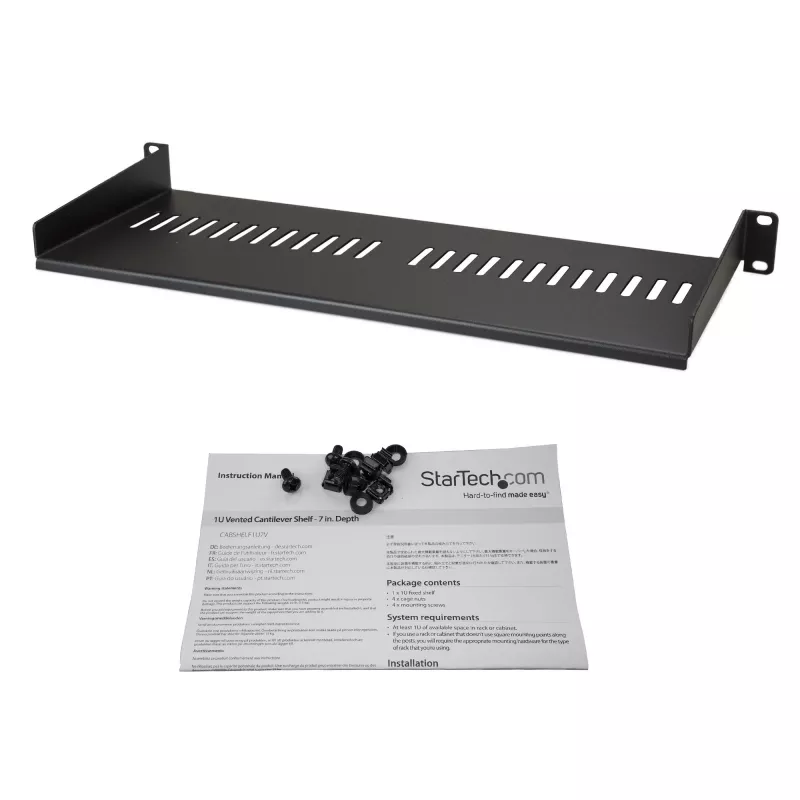 StarTech.com 1U serverinė lentyna – ventiliuojama konsolinė lentyna 19 colių stelažui, plieninė, 44 svarų / 20 kg talpa, 7 colių gylio, juoda