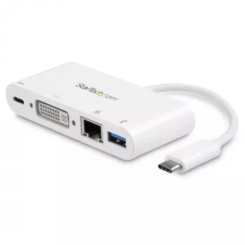 StarTech.com USB-C kelių prievadų adapteris – USB-C į DVI-D vaizdo adapteris su 60 W maitinimo perdavimo įkrovimu, GbE, USB-A – nešiojamas USB Type-C / Thunderbolt 3 mini dokas