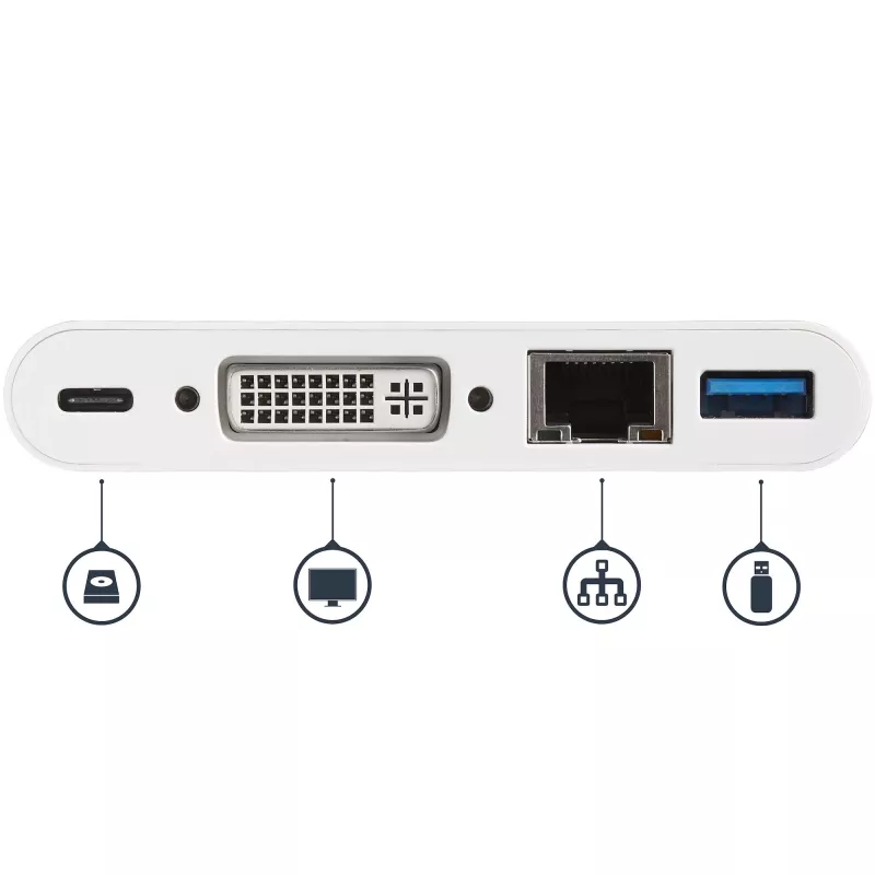 StarTech.com USB-C kelių prievadų adapteris – USB-C į DVI-D vaizdo adapteris su 60 W maitinimo perdavimo įkrovimu, GbE, USB-A – nešiojamas USB Type-C / Thunderbolt 3 mini dokas