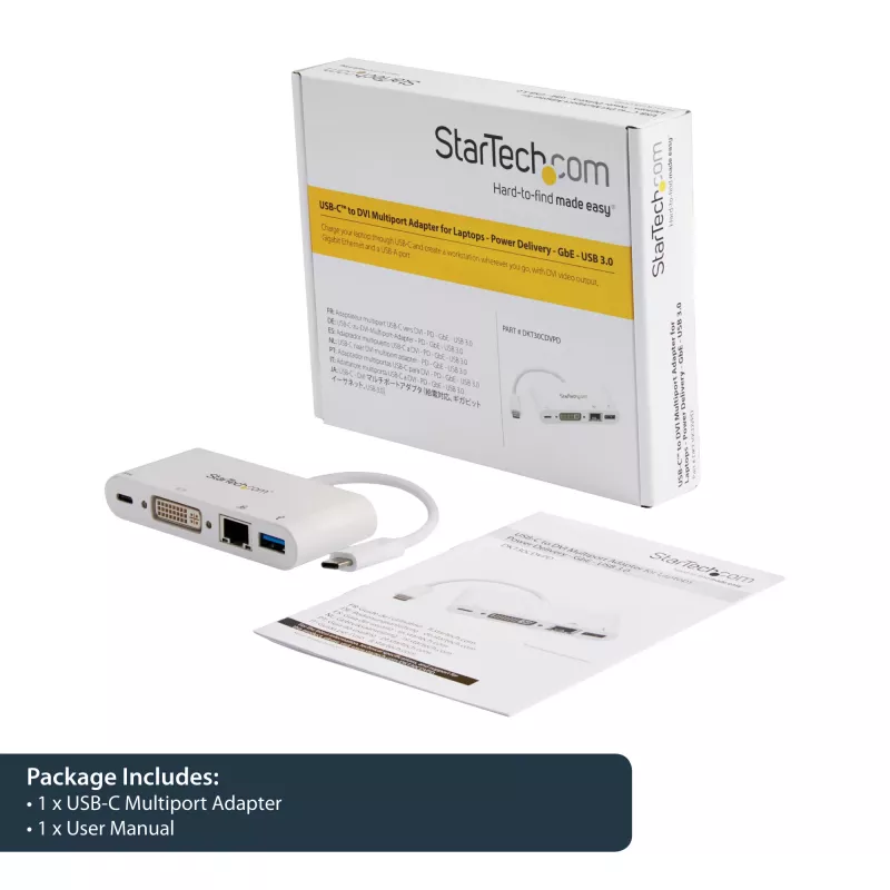 StarTech.com USB-C kelių prievadų adapteris – USB-C į DVI-D vaizdo adapteris su 60 W maitinimo perdavimo įkrovimu, GbE, USB-A – nešiojamas USB Type-C / Thunderbolt 3 mini dokas