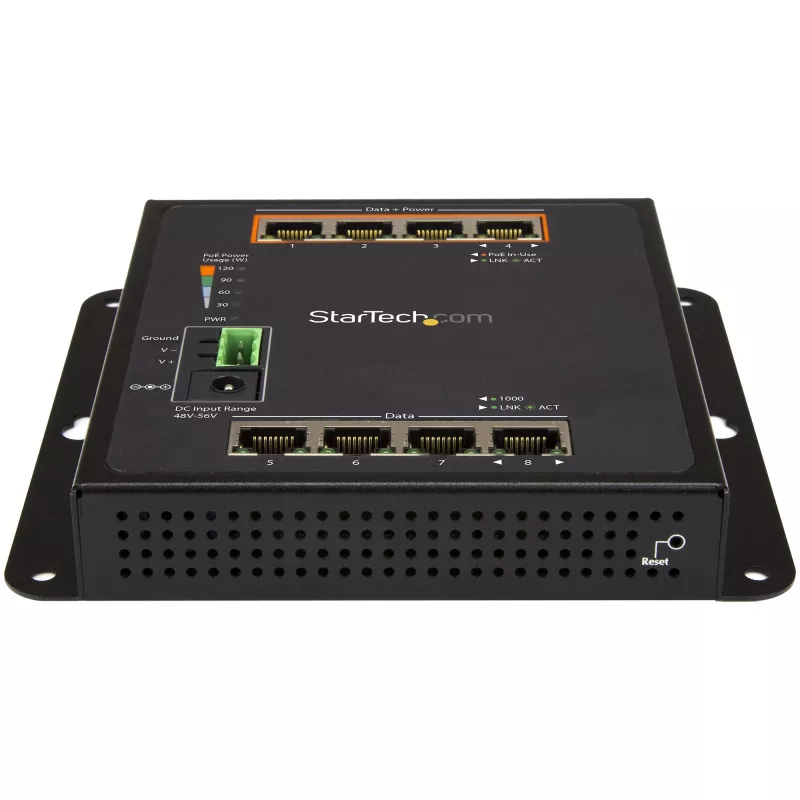 StarTech.com Pramoninis 8 prievadų Gigabit PoE jungiklis - 4 x PoE+ 30W - Maitinimas per Ethernet - Patvarus GbE L2 valdomas jungiklis - Atšiauriam naudojimui IP-30/-40°C iki +75°C - TAA