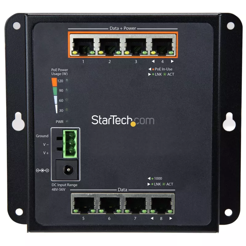 StarTech.com Pramoninis 8 prievadų Gigabit PoE jungiklis - 4 x PoE+ 30W - Maitinimas per Ethernet - Patvarus GbE L2 valdomas jungiklis - Atšiauriam naudojimui IP-30/-40°C iki +75°C - TAA