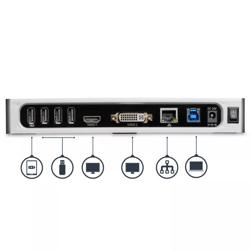 StarTech.com USB 3.0 dokavimo stotelė su dviem monitoriais – HDMI, DVI/VGA, 6 prievadų USB 3.1 5Gbps šakotuvas, GbE, garsas – universali Type-A dokavimo stotelė, skirta Windows ir Mac