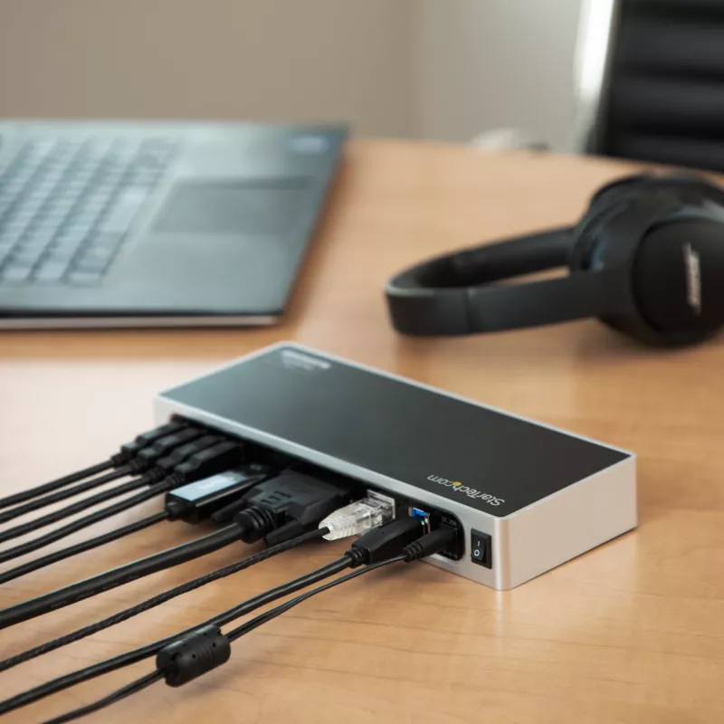 StarTech.com USB 3.0 dokavimo stotelė su dviem monitoriais – HDMI, DVI/VGA, 6 prievadų USB 3.1 5Gbps šakotuvas, GbE, garsas – universali Type-A dokavimo stotelė, skirta Windows ir Mac