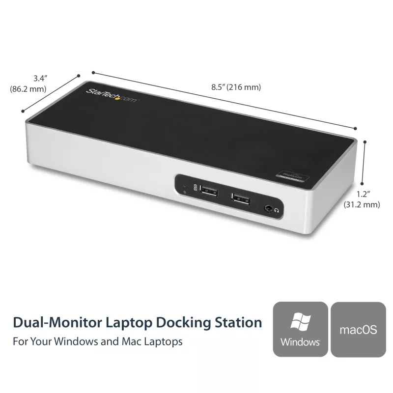StarTech.com USB 3.0 dokavimo stotelė su dviem monitoriais – HDMI, DVI/VGA, 6 prievadų USB 3.1 5Gbps šakotuvas, GbE, garsas – universali Type-A dokavimo stotelė, skirta Windows ir Mac
