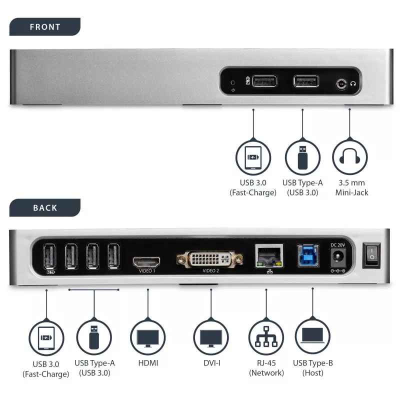 StarTech.com USB 3.0 dokavimo stotelė su dviem monitoriais – HDMI, DVI/VGA, 6 prievadų USB 3.1 5Gbps šakotuvas, GbE, garsas – universali Type-A dokavimo stotelė, skirta Windows ir Mac