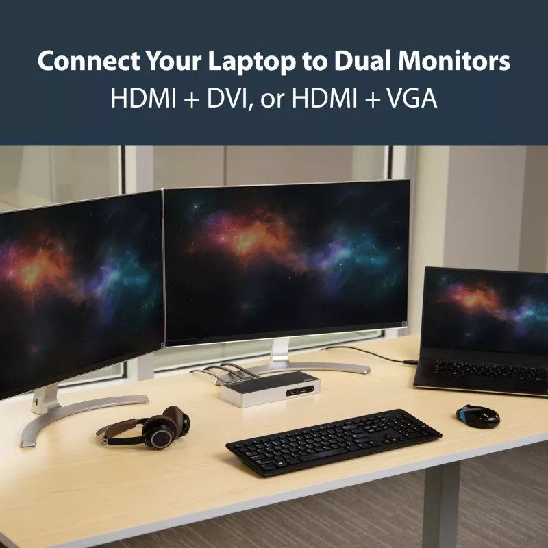 StarTech.com USB 3.0 dokavimo stotelė su dviem monitoriais – HDMI, DVI/VGA, 6 prievadų USB 3.1 5Gbps šakotuvas, GbE, garsas – universali Type-A dokavimo stotelė, skirta Windows ir Mac