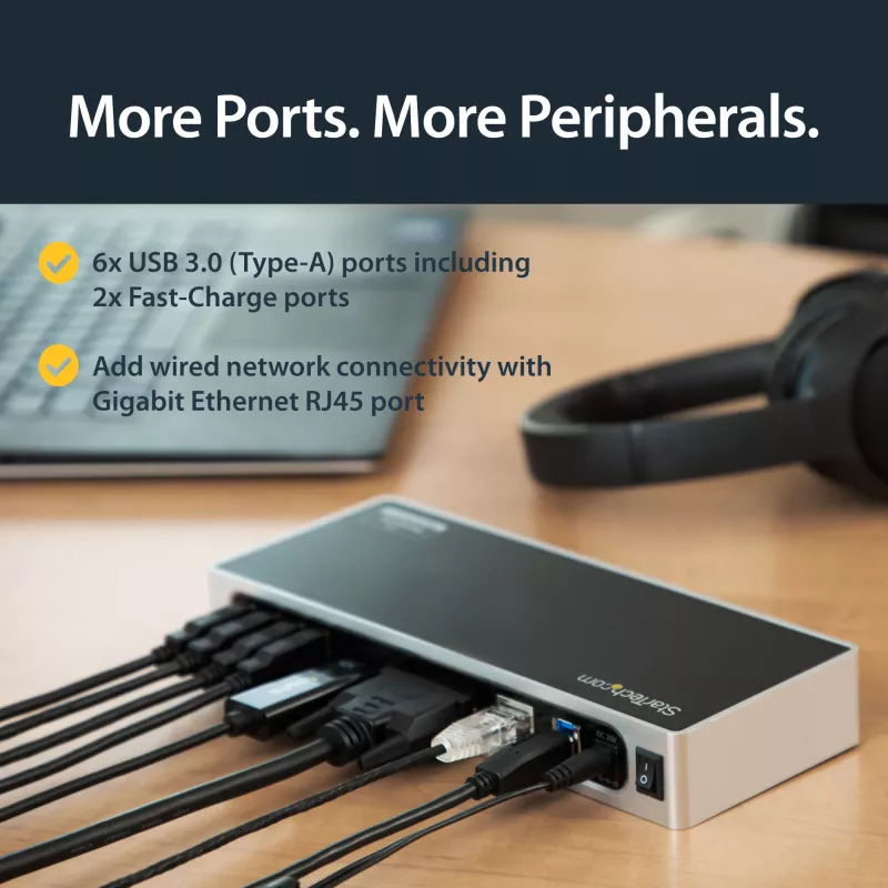 StarTech.com USB 3.0 dokavimo stotelė su dviem monitoriais – HDMI, DVI/VGA, 6 prievadų USB 3.1 5Gbps šakotuvas, GbE, garsas – universali Type-A dokavimo stotelė, skirta Windows ir Mac