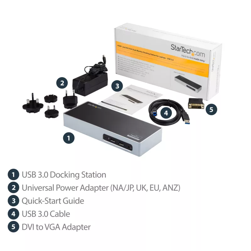 StarTech.com USB 3.0 dokavimo stotelė su dviem monitoriais – HDMI, DVI/VGA, 6 prievadų USB 3.1 5Gbps šakotuvas, GbE, garsas – universali Type-A dokavimo stotelė, skirta Windows ir Mac