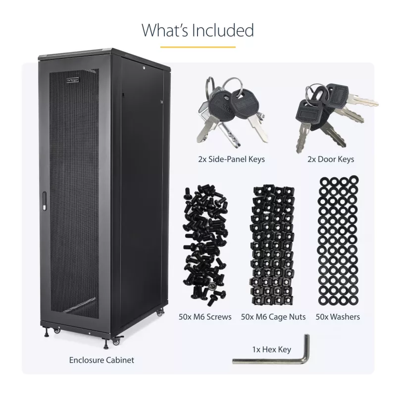 StarTech.com 42U 19 colių serverio stovas su ratukais, 4 stulpų tinklo spinta, 907 kg talpa