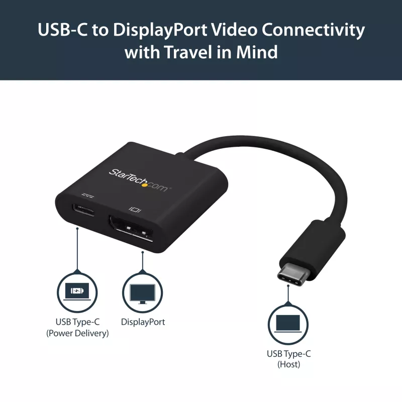StarTech.com USB-C į DisplayPort adapteris su maitinimo tiekimu – 4K 60Hz HBR2 – USB Type-C į DP 1.2 monitoriaus vaizdo keitiklis su įkrovimu – 60W PD perdavimas – suderinamas su Thunderbolt 3