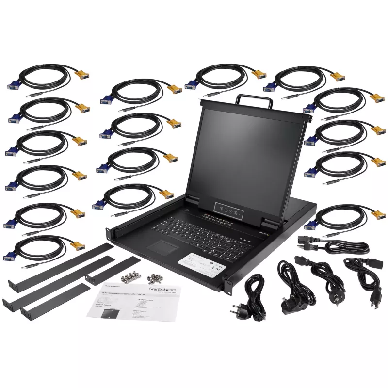„StarTech.com“ 16 prievadų stovo KVM konsolė su 6 pėdų kabeliais – integruotas KVM jungiklis su 19 colių LCD monitoriumi – pilnai įrengtas 1U LCD KVM stalčius – OSD KVM – patvarus 50 000 MTBF – USB + VGA palaikymas