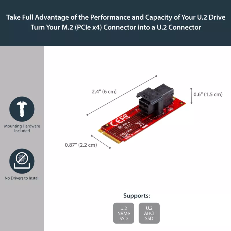 StarTech.com U.2 (SFF-8643) į M.2 PCI Express 3.0 x4 pagrindinės plokštės adapterio kortelė, skirta 2,5 colio U.2 NVMe SSD