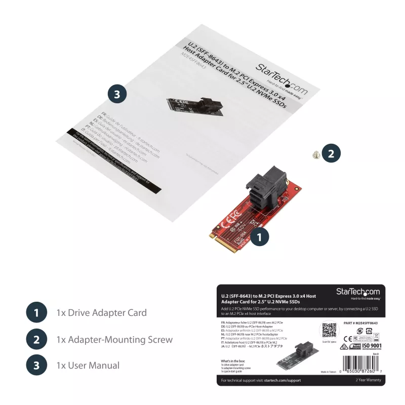 StarTech.com U.2 (SFF-8643) į M.2 PCI Express 3.0 x4 pagrindinės plokštės adapterio kortelė, skirta 2,5 colio U.2 NVMe SSD