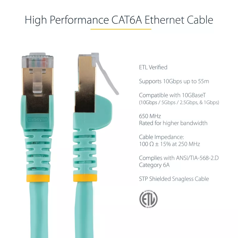 StarTech.com 2m CAT6a Ethernet kabelis - 10 Gigabit ekranuotas RJ45 100W PoE jungiamasis laidas - 10GbE STP tinklo laidas su įtempimo mažinimu - Aqua, individualiai išbandytas / laidai UL sertifikuoti / TIA