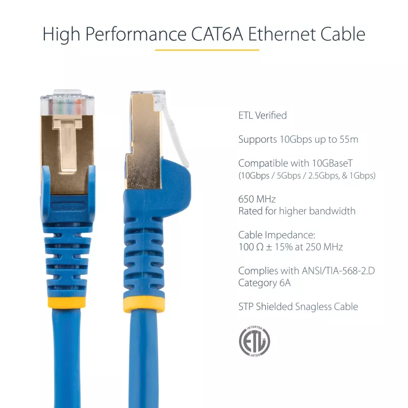StarTech.com 0,50 m CAT6a eterneto kabelis - 10 gigabitų ekranuotas RJ45 100W PoE jungiamasis laidas - 10GbE STP tinklo kabelis su įtempimo mažinimu - mėlynas, individualiai išbandytas / laidai UL sertifikuoti / TIA
