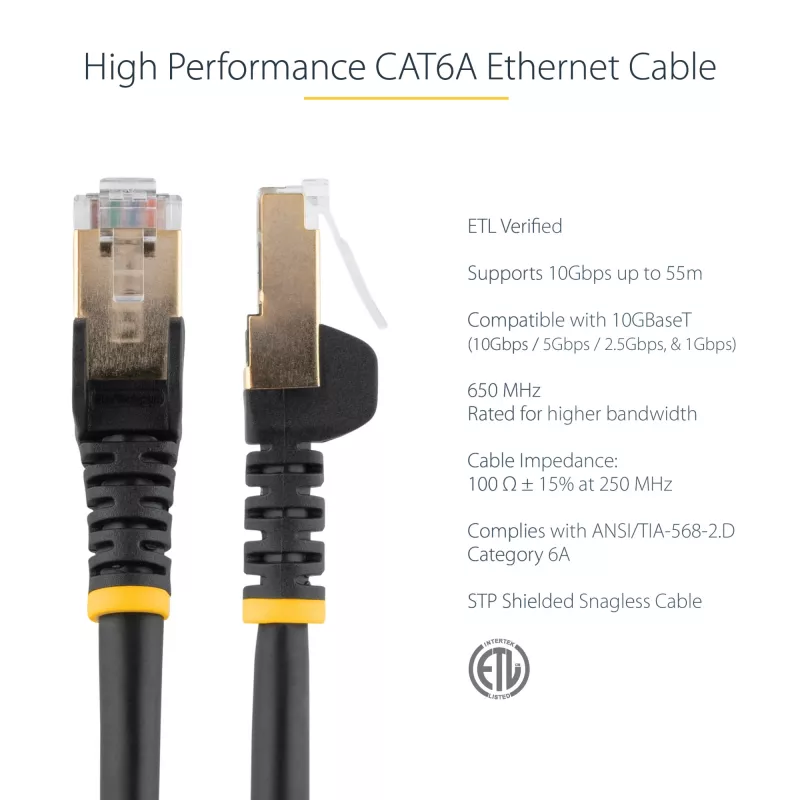 StarTech.com 0,50 m CAT6a Ethernet kabelis – 10 Gigabit ekranuotas RJ45 100W PoE jungiamasis laidas – 10GbE STP tinklo kabelis su įtempimo mažinimu – juodas, individualiai išbandytas / laidų UL sertifikuotas / TIA