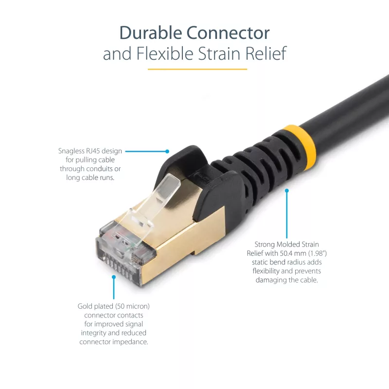 StarTech.com 0,50 m CAT6a Ethernet kabelis – 10 Gigabit ekranuotas RJ45 100W PoE jungiamasis laidas – 10GbE STP tinklo kabelis su įtempimo mažinimu – juodas, individualiai išbandytas / laidų UL sertifikuotas / TIA