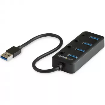 StarTech.com 4 prievadų USB 3.0 šakotuvas – USB-A į 4x USB 3.0 Type-A su atskirais įjungimo/išjungimo mygtukais – SuperSpeed 5Gbps USB 3.1/3.2 Gen 1 – maitinamas per USB – nešiojamas – 25 cm pritvirtintas kabelis
