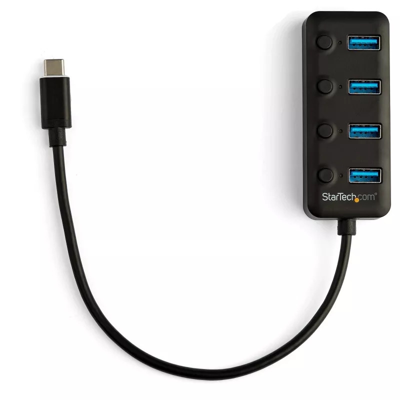 StarTech.com 4 prievadų USB C šakotuvas – USB-C į 4x USB 3.0 Type-A prievadus su atskirais įjungimo/išjungimo jungikliais – SuperSpeed 5 Gbps USB 3.1/3.2 Gen 1 – maitinamas iš USB – nešiojamas – 25 cm integruotas laidas