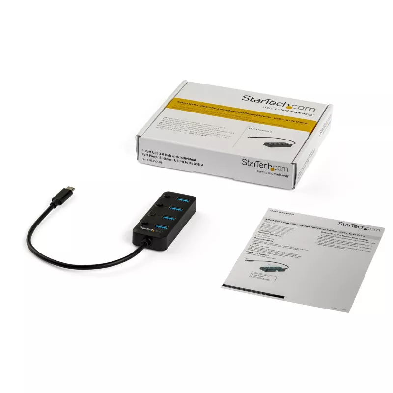 StarTech.com 4 prievadų USB C šakotuvas – USB-C į 4x USB 3.0 Type-A prievadus su atskirais įjungimo/išjungimo jungikliais – SuperSpeed 5 Gbps USB 3.1/3.2 Gen 1 – maitinamas iš USB – nešiojamas – 25 cm integruotas laidas