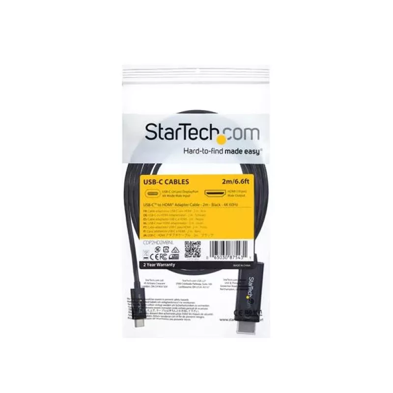 StarTech.com 2 m USB C į HDMI laidas - 4K 60Hz USB Type C į HDMI 2.0 vaizdo adapteris - suderinamas su Thunderbolt 3 - nešiojamam kompiuteriui prie HDMI monitoriaus / ekrano - DP 1.2 Alt Mode HBR2 - juodas
