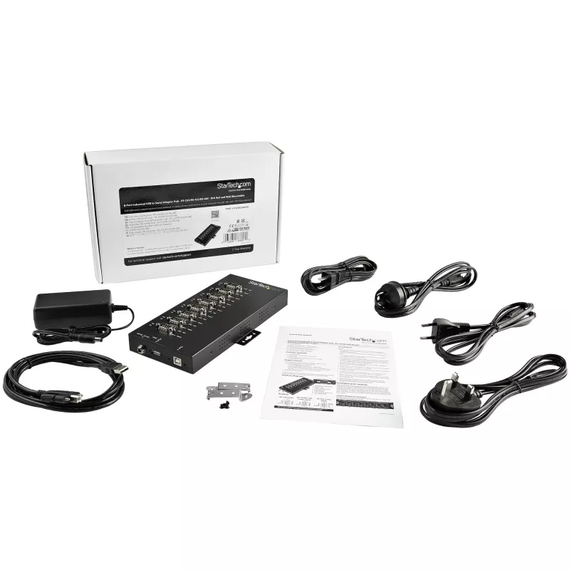 StarTech.com 8 prievadų nuoseklusis USB-RS232/RS485/RS422 adapteris – pramoninis USB 2.0 į DB9 keitiklis, IP30, montuojamas ant DIN bėgio, metalinis, 15kV ESD apsauga