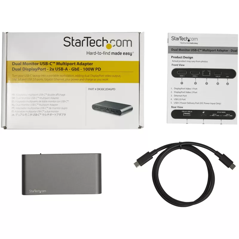 StarTech.com USB-C dokų stotelė – 4K dvigubas monitorius DisplayPort – mini nešiojamojo kompiuterio dokas – 100W galios perdavimas – GbE, 2 prievadų USB-A šakotuvas – USB Type-C kelių prievadų adapteris – 1 m laidas