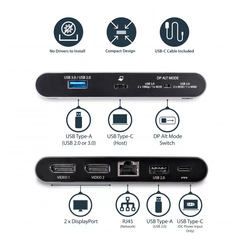 StarTech.com USB-C dokų stotelė – 4K dvigubas monitorius DisplayPort – mini nešiojamojo kompiuterio dokas – 100W galios perdavimas – GbE, 2 prievadų USB-A šakotuvas – USB Type-C kelių prievadų adapteris – 1 m laidas