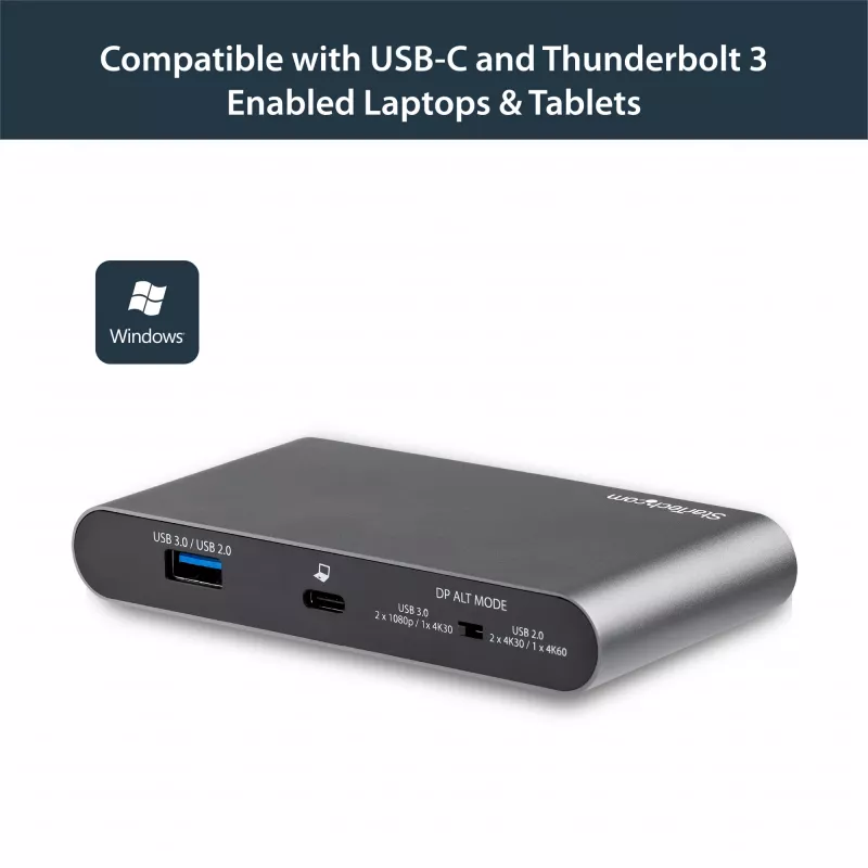 StarTech.com USB-C dokų stotelė – 4K dvigubas monitorius DisplayPort – mini nešiojamojo kompiuterio dokas – 100W galios perdavimas – GbE, 2 prievadų USB-A šakotuvas – USB Type-C kelių prievadų adapteris – 1 m laidas