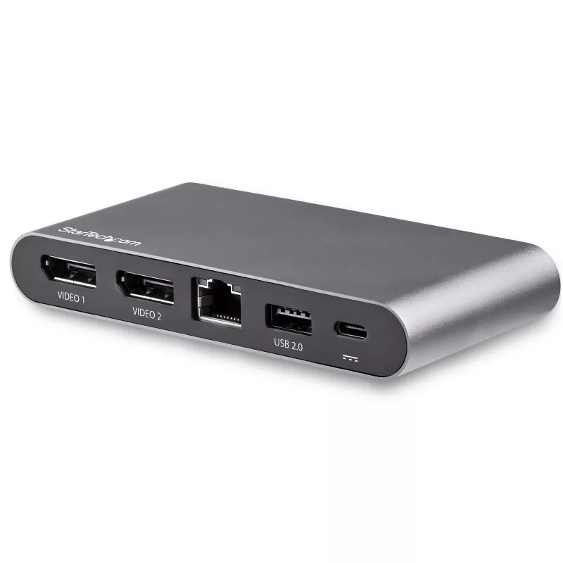 StarTech.com USB-C dokų stotelė – 4K dvigubas monitorius DisplayPort – mini nešiojamojo kompiuterio dokas – 100W galios perdavimas – GbE, 2 prievadų USB-A šakotuvas – USB Type-C kelių prievadų adapteris – 1 m laidas