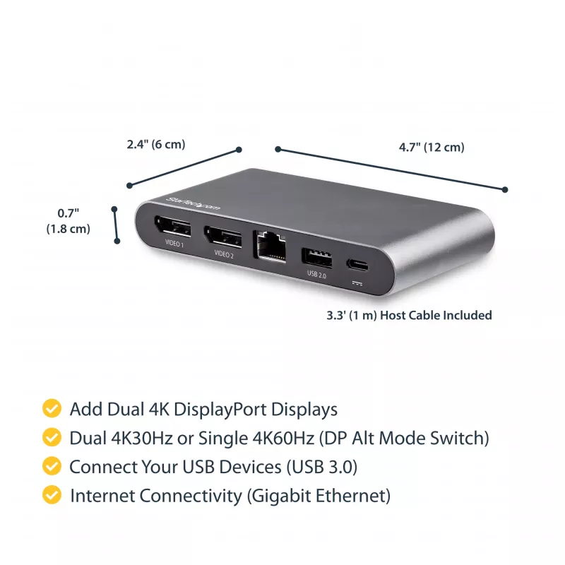 StarTech.com USB-C dokų stotelė – 4K dvigubas monitorius DisplayPort – mini nešiojamojo kompiuterio dokas – 100W galios perdavimas – GbE, 2 prievadų USB-A šakotuvas – USB Type-C kelių prievadų adapteris – 1 m laidas